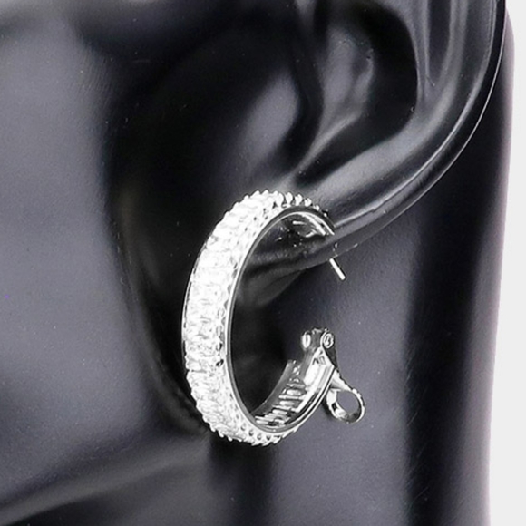 Silver Rectangle Stone Cluster Rhinestone Crystal Round Bling Hoop Earrings - Picture 2 of 2